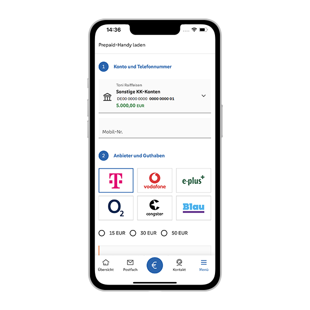 Handy laden Ansicht in der VR Banking App